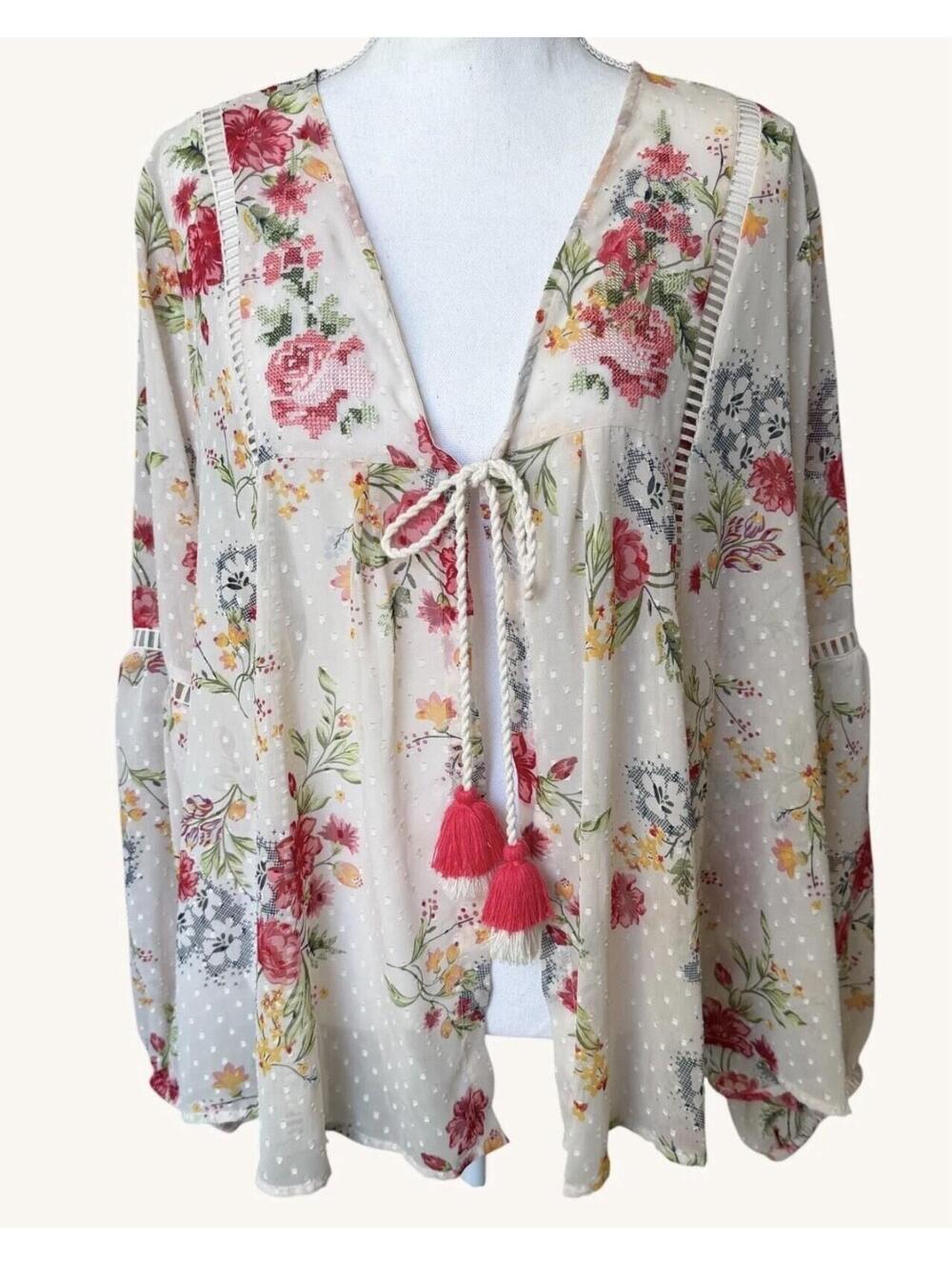 Time and Tru Womens Plus Floral Boho Blouse Sheer Top/kimono Tassel Tie Size 2XL